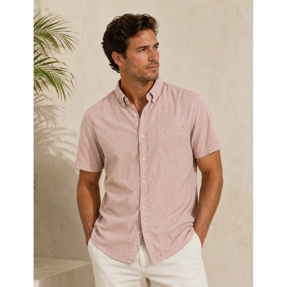 J.Crew Mens Secret Wash Stretch Shirt Pink Micro Dot Classic Fit Large Short Slv